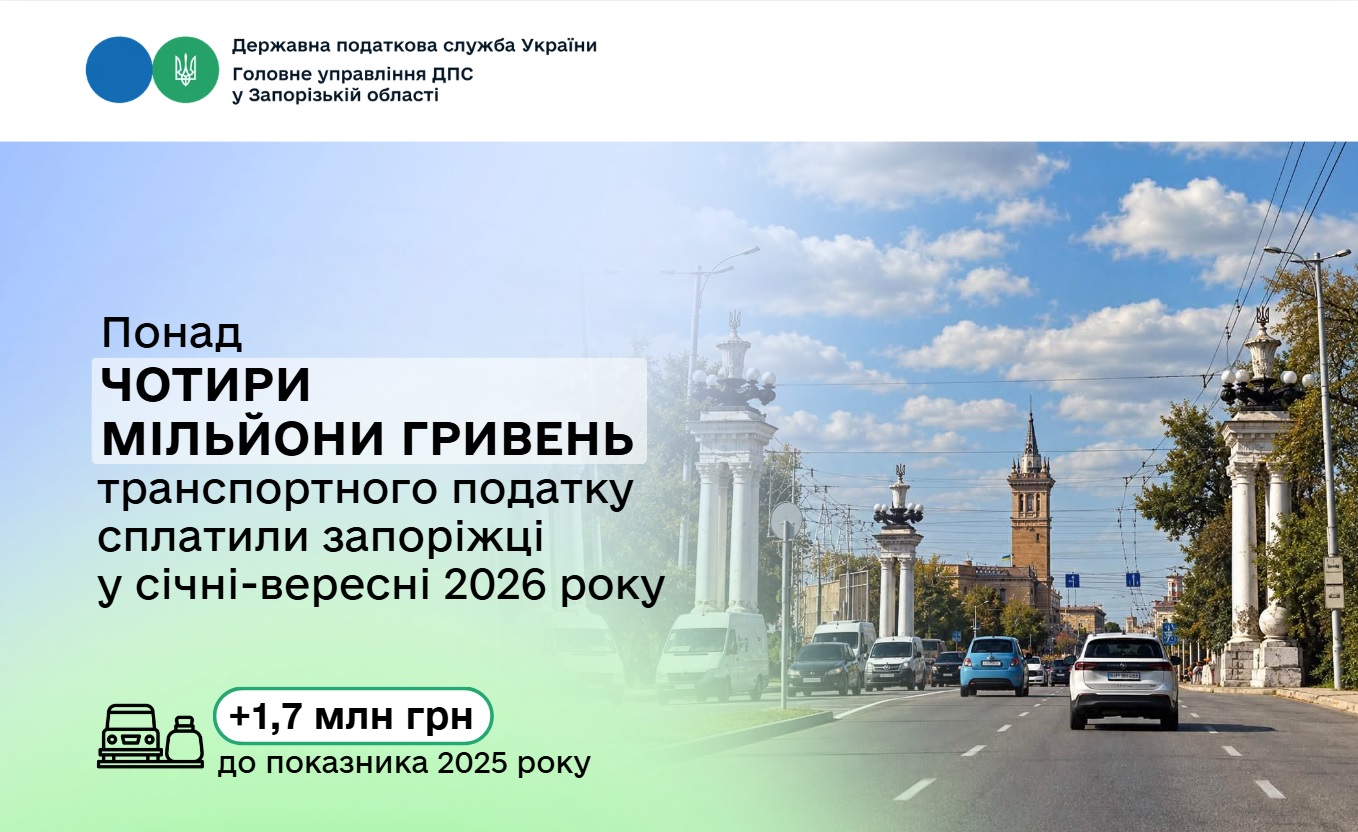 Місцеві бюджети Запорізької області отримали понад чотири мільйони гривень транспортного податку